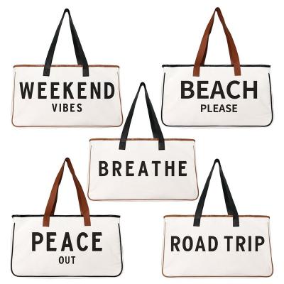 China Portable Durable Letters Prints Fashion Handbags Beach Bags Weekend Canvas Beach Tote Carry Bag Handbag for sale