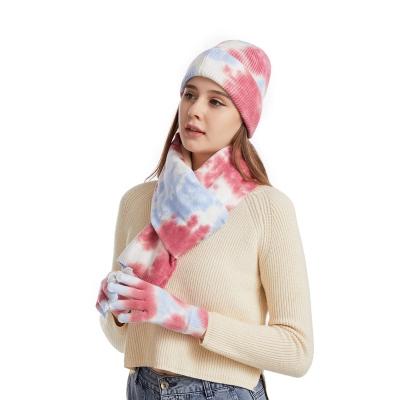 China COMMON Winter Warm Acrylic Tie Dye Hats Scarf Gloves Set for sale