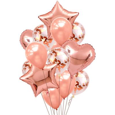 China Party Supplies Decorations Valentine's Day Balloon 14pcs 12 Inch Star Heart Clear Rose Gold Glitter Confetti Latex Balloons Set Multi Color For Wedding for sale