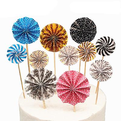 China Festival Stuff Birthday Cake Decoration Hand Folding Fan Sun Flower Insert Gold And Silver Sprinkles Blue Black Paper Fan Flower Set 4 for sale