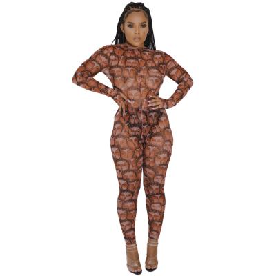 China fashionable Anti-wrinkle UW fall clothes 2021 club woman long sleeve outfits printed transparent one piece jumpsuit for sale