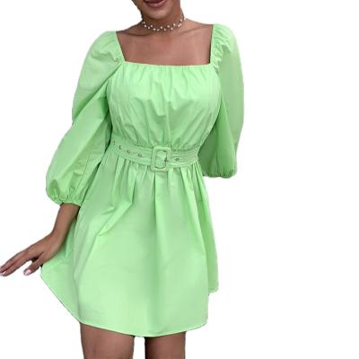 China 2021 QUICK DRY fashionable green women fashion square neck plain puff long sleeve dress with belt for sale