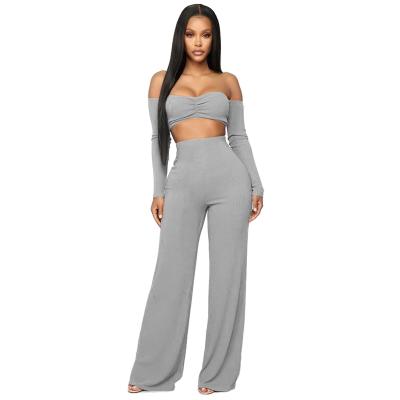 China 2021 Fall Women Solid Color Clothing QUICK DRY Fashion Two Piece Set Off Shoulder Long Sleeve Crop Top And High Waist Pants for sale