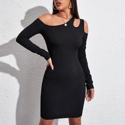 China Factory Price Woman Breathable Black Asymmetric Neck Hollow-out Midi Bodycon Dresses for sale