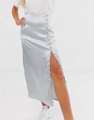 China Fashionable simple city long waist satin maxi slip skirt plus skirts with roller buckle buttons for sale