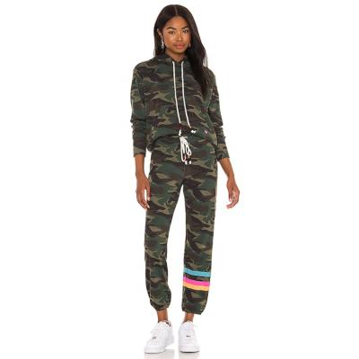 China Anti-Shrink Factory 2 Piece Set Women Tracksuit Drawstring Bandage Camouflage Pullover Hoodie Bottom Set for sale