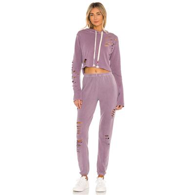 China Slim Fit Anti Shrink Rips French Terry Sweatsuit Women Fashion Crop Hoodies And Joggers Tracksuit for sale