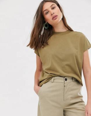 China Women Anti-Shrink Casual Tops Short Sleeve T-Shirt In Khaki Green Weekday High Neck T-Shirt for sale