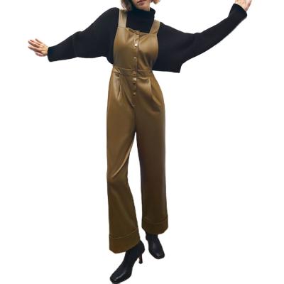 China Waterproof High Quality Women Ties Off Straight Leg Khaki Faux Leather Overalls Polyester for sale