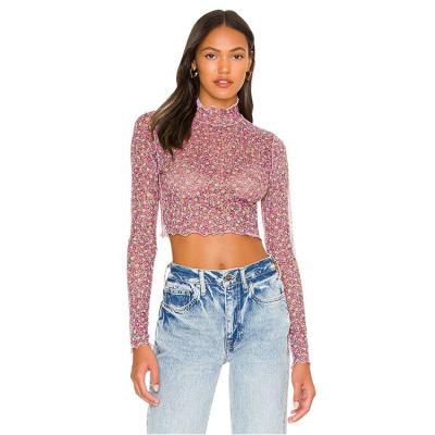 China Mesh Top Sheer Turtleneck Custom Crop Long Sleeve Elegant Floral Ladies Blouses Anti-Shrink for sale