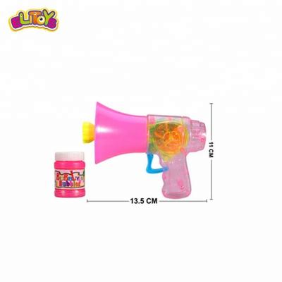 China Transparent Mini Game Bubble Toy Friction Horn Bubble Gun With Light 3 Colors for sale