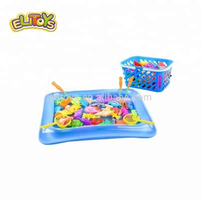 China Plastic Funny Summer Fishing Bath Game Toy Set Magnetic Fishing Toy For Kid With Inflatable Pond And Basket Package for sale