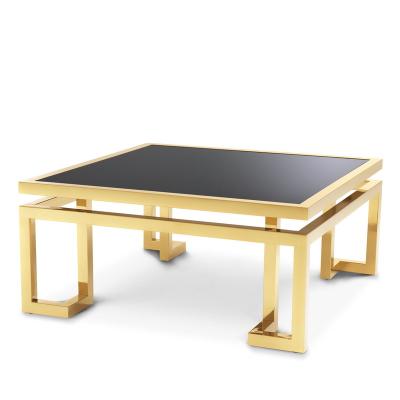 China Modern Hot Selling Titanium Gold Stainless Steel Frame Square Gray Glass Coffee Table for sale