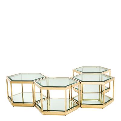 China STAINLESS STEEL WITH GLASS Nordic style customized hexagon 2 layers stainless steel glass top coffee table set for living room for sale