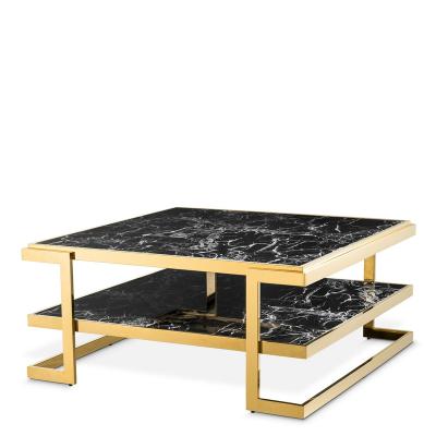 China Stainless Steel With Marble Modern Titanium Gold Plated Double Layer Stainless Steel Glossy Finish Square Black Marble Coffee Tables for sale