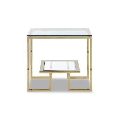 China STAINLESS STEEL WITH GLASS New Design Stainless Steel Gold Shinning Texture Table 2 Layer Transparent Glass Square Side for sale