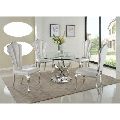 China STAINLESS STEEL WITH GLASS Hot Tempered Glass Top Metal Stainless Steel Dining Table 1+4 Chairs Dine Table Sets for sale