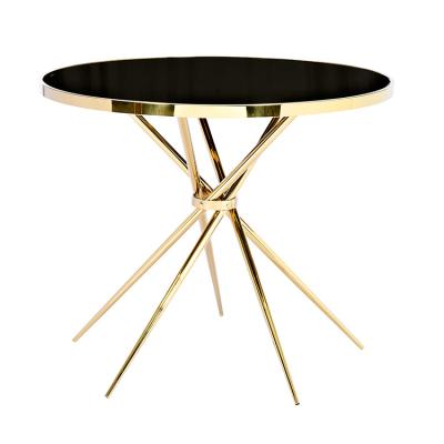 China STAINLESS STEEL WITH GLASS New Arrival Tempered Glass Modern Gold Shinning Black Top Around Small Dining Coffee Table For Cafe Shop for sale