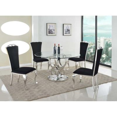 China STAINLESS STEEL WITH GLASS Luxury Simple Design Around Metal Stainless Steel Frame Tempered Glass Top Dine Table 1 With 4 Chairs Seat For Dining Room for sale