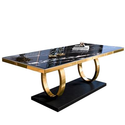 China Modern Furniture Light Luxury Convertible Rock Or Marble Top Dining Tables With Titanium Gold Plated Stainless Steel Frame For Sale for sale