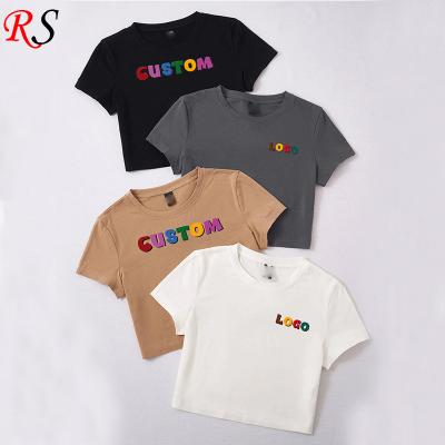 China Custom Logo Women Crop Top Plain 100%Cotton Crew Neck Summer Anti-Wrinkle T-Shirt Cheap for sale