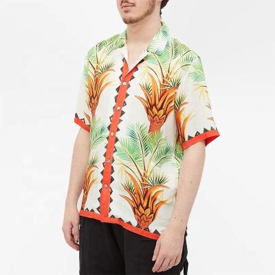 China Anti-pilling OEM custom printed silk Hawaiian shirt full brim Cuban straight satin tropical vacation beach shirt for men for sale