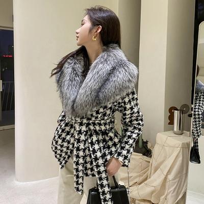 China 2022 Winter Autumn Woolen Coat Ladies Wool Cashmere Houndstooth Coat Warm Soft Fluffy Fox Fur Women Women Crop Top With Belt Jackets for sale