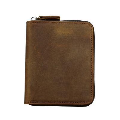 China None Layer Cowhide Genuine Leather Wallets Crazy Horse Leather Bifold Purses Raw With Zipper Leather Wallet for sale