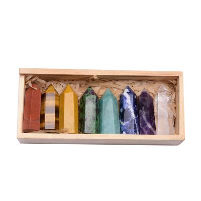 China China Wholesale Wooden Gifts Set Faceted Crystal Wand Quartz Home Decor Unique 6 Chakra Reiki Healing Gemstone for sale