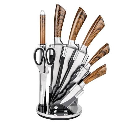 China Stocked 8 Pieces With Handle Peeler Kitchen Scissor Sharpener Stainless Steel Wooden Kitchen Knives With Block Knife Set for sale