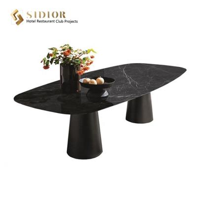 China Customized Luxury Oval Convertible Shape Marble Top Dining Table With Round Stainless Steel Base For Dining Room for sale