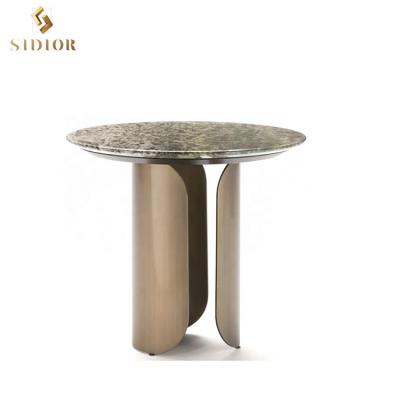 China Modern Foshan Factory Cheaper Price Round Coffee Table / Wooden Hotel Side Table With Brass Base for sale