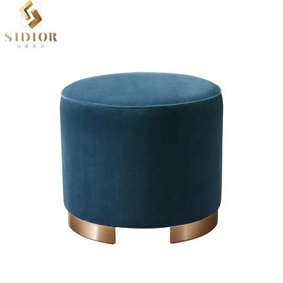 China Comfortable Fabric Upholstered Vanity Stool Round Dressing Chair Footstool Ottoman Round With Metal Gold Leg for sale