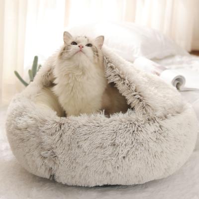 China Wholesale Sustainable Soft Luxury Long Plush Round Multi Colors Calming Dog Cave Hood Bed Pet Cat Cushion Bed for sale