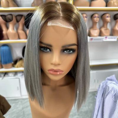 China Body Wave Double Drown 100% Virgin Human Hair Bob Hair Kim K Lace Frontal Closure Wig Hair Lace Front Bob Wigs for sale