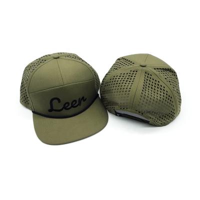 China breathable & Waterproof Custom Logo 7 Panel Olive Green Laser Perforated Trucker Hat for sale