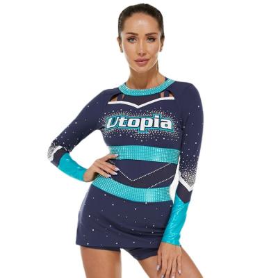 China Custom Sublimation Rhinestones Polyester + Spandex Latest Design Sportswear Cheerleading Full Set Dance Uniform Wear for sale