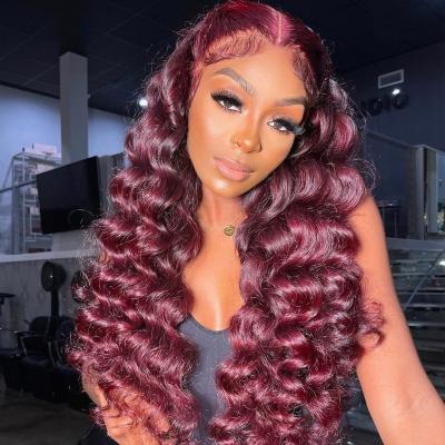 China Body Wave #99J Brazilian Deep Curly Hair 13x4 Lace Frontal Wigs For Women Color 360 Full Lace Human Hair Front Wigs Hair Wigs for sale