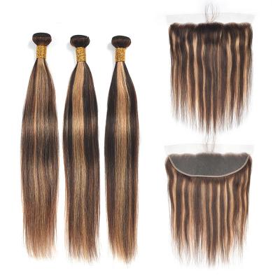 China Curly Ombre P4/27 Brown Brazilian Straight Hair Weave Bundles With 13x4 Lace Frontal Weft For Black Women Hair Extensions for sale