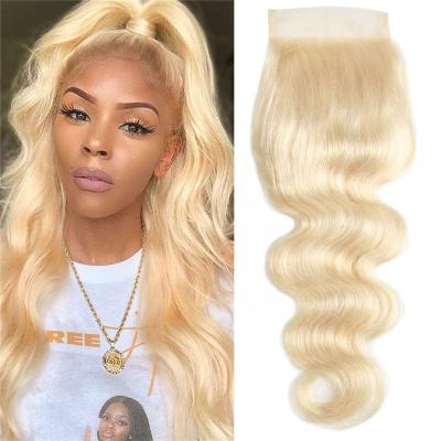 China Straight 613 Blonde Body Wave Peruvian Human Hair 4x4 Lace Closure With Baby Hair Natural Hairline 613 4x4 Top Swiss Lace Closure for sale