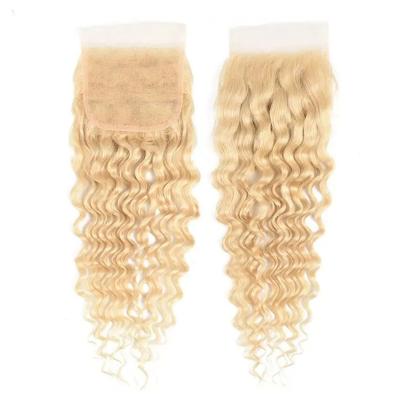 China Straight 613 Blonde Peruvian Deep Wave Human Hair 4x4 Lace Closure With Baby Hair Natural Hairline 613 4x4 Top Swiss Low Lace Closure for sale