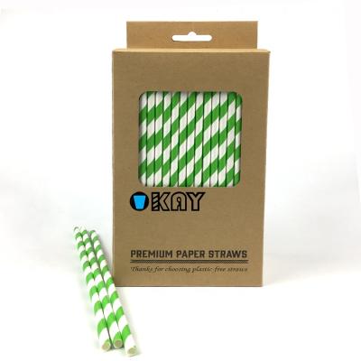 China Paper 200 Pack Green and White Striped Paper Straws Biodegradable for sale