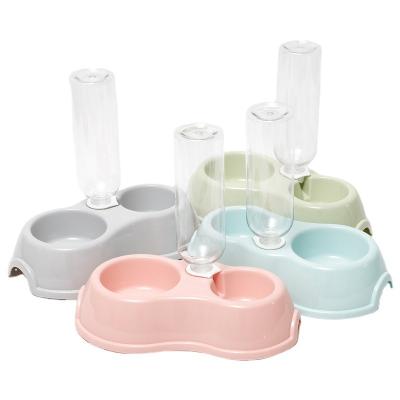 China Automatic Drinking Bottle Round Plastic Pet Double Bowl Eating and Drinking Double Bowl Use Macaron Color Dog Bowl for sale