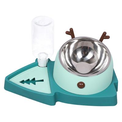 China Automatic Plastic Pet Bottle Antler Drinking Slow Food Tilting Cat Bowl Double Bowl Dog Auto Fill Anti-Clog Bowl for sale