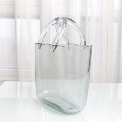 China New Design Hand Blown Glass Flower Vase Eco-friendly Purse Shape Decorative Glass Vase With Handle For Centerpiece wddeing for sale