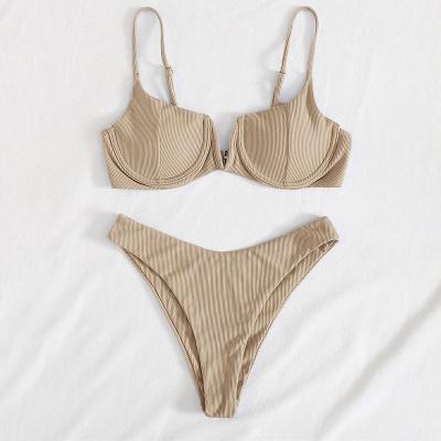 China Breathable Sexy Ribbed Under Bikini Women Solid V-Bra Cable Lift Up Two-Piece Padded Bikini Set High Cut Swimsuit Thong Swimsuit for sale