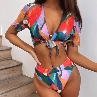 China Breathable three-piece swimsuit bikini set printed slit 2022 new mature women cover up swimwear swimsuit high waist lift for sale