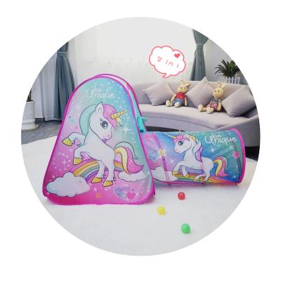 China Soft Indoor Toy 2 in 1 Unicorn Polyester Pop Up Steel Wire Kids Play Tent with Tunnel and Mesh Vent for sale