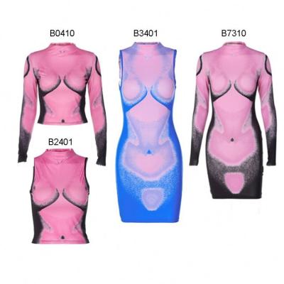 China B7310- Fashion Body Print Breathable Dress Women's Long Sleeve Stretchy Mini Dress Sexy Clubwear for sale