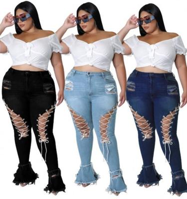 China D8177-2022 New Arrivals Viable Hole High Waist Broken Denim Pants Plus Size Womens Jeans for sale